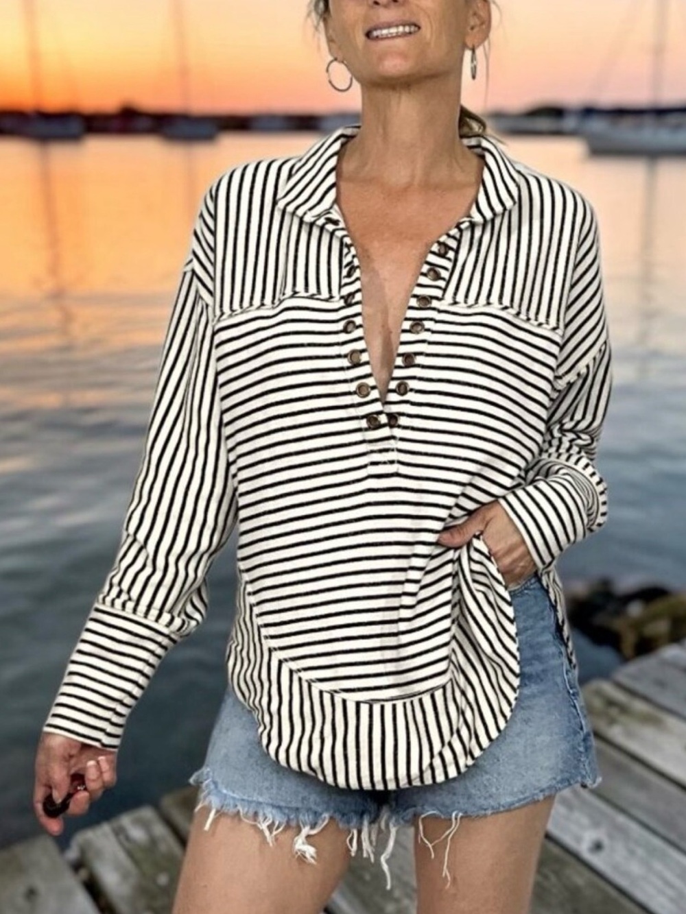 Anthropologie Pilcro Spliced Henley Top Black White Striped Oversized, Sz S